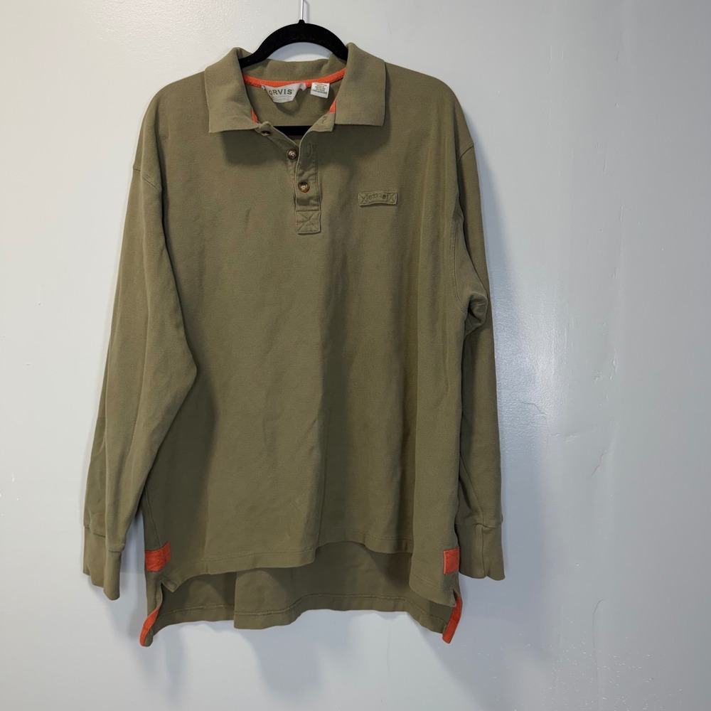 Orvis Mens XL Long Sleeve Polo Shirt Olive Green Cotton Pique Underarm Gusset